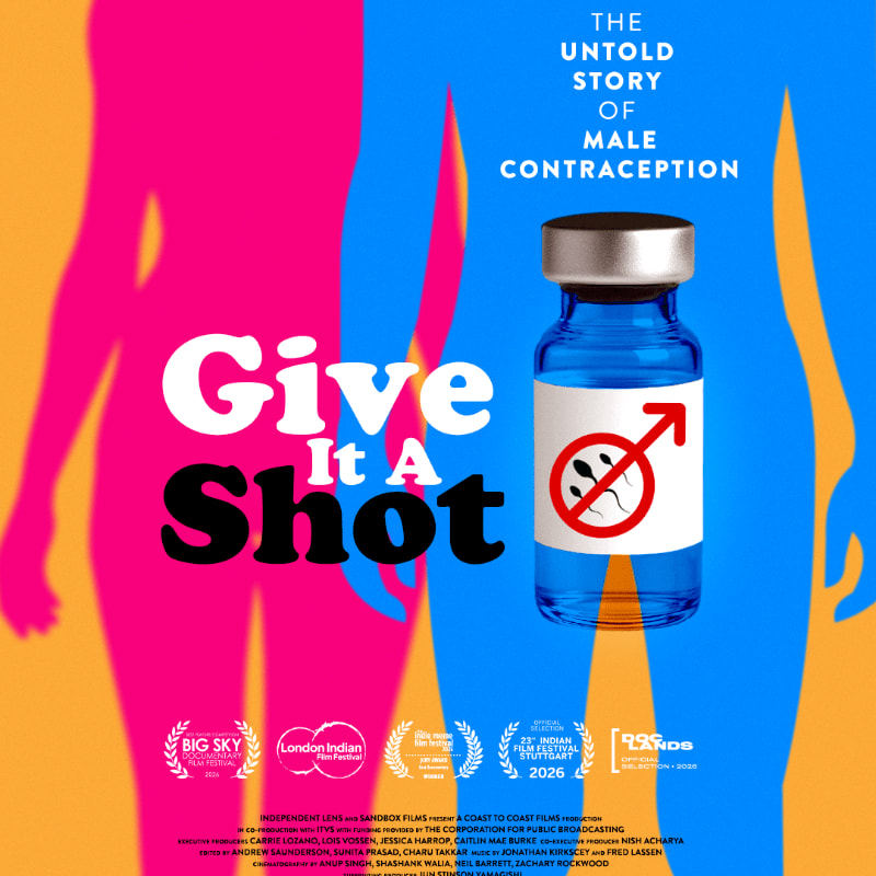 A blue vaccine vial with a male symbol prohibition sign sits in the foreground against a background of pink and blue silhouettes and promotional text.