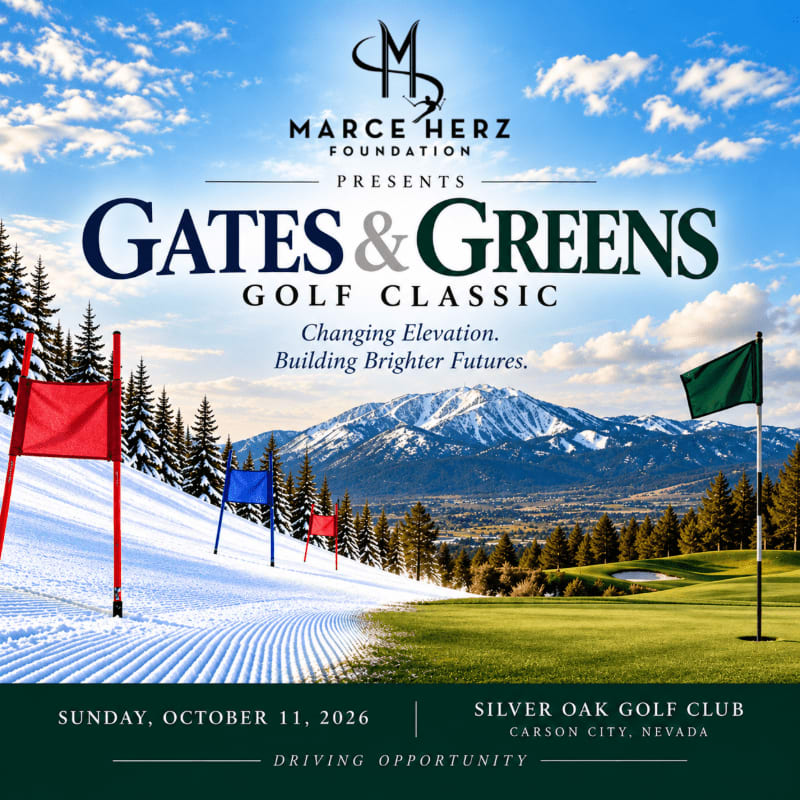 A promotional poster for a golf classic features a split landscape of a snowy slope with colorful flags in the foreground and a lush green golf course with mountains under a blue sky in the background.