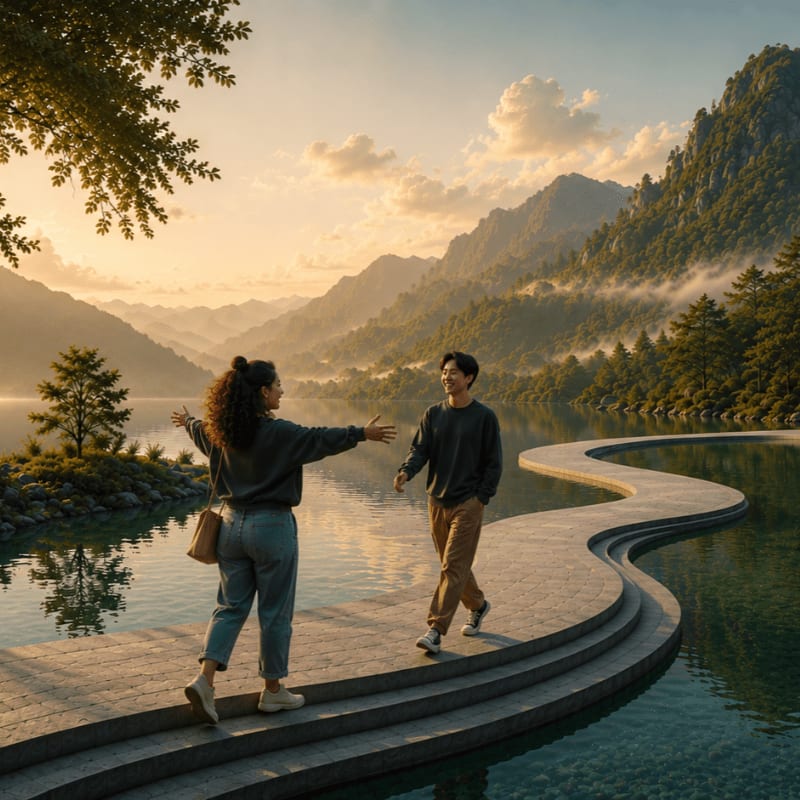 A man and woman greet each other on a winding stone path over a lake, set against a backdrop of misty mountains and a golden sky.