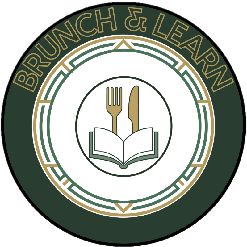 A circular logo with the words "BRUNCH & LEARN" in the background, and a fork and knife over an open book in the foreground.