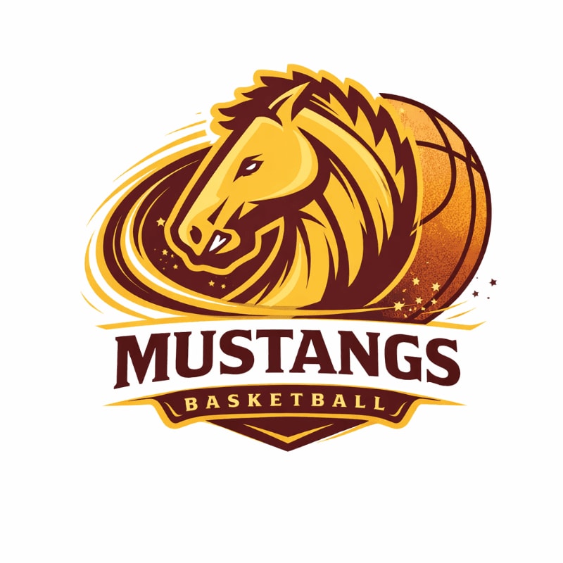 A gold and brown horse head logo with the text "MUSTANGS BASKETBALL" sits in the foreground against a plain white background.