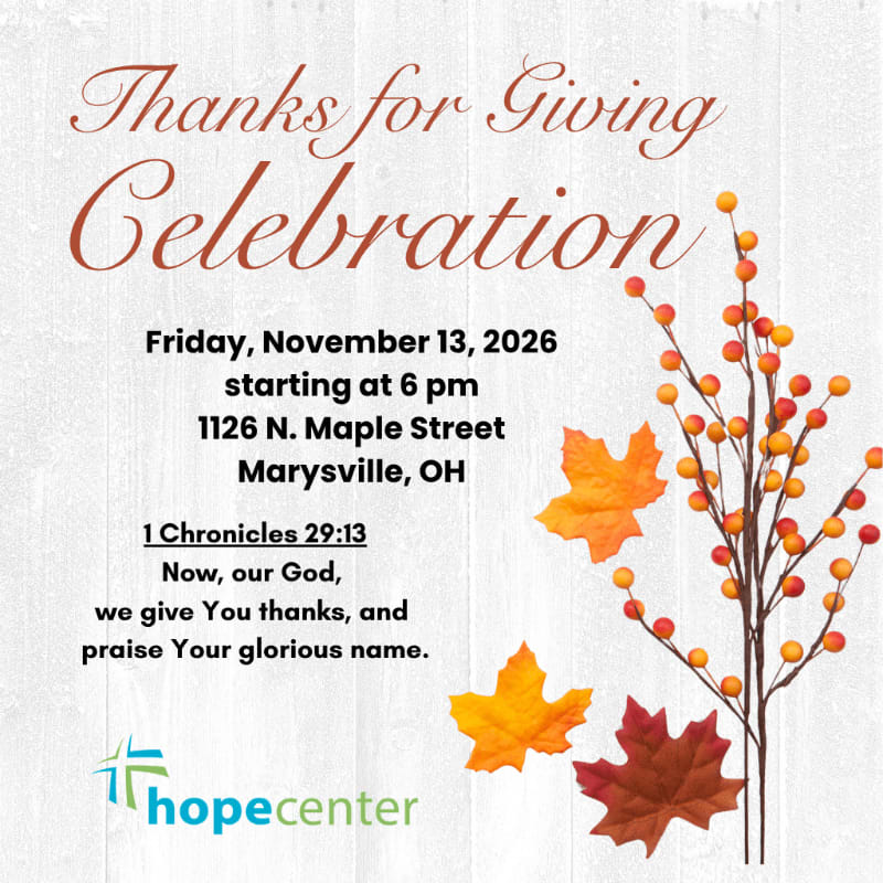 An invitation for a "Thanks for Giving Celebration" with event details and a Bible verse is set against a white wooden background with autumn leaves and berries in the foreground.