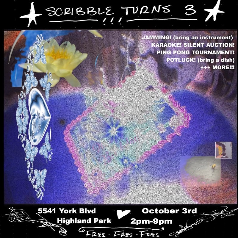A colorful, surreal event flyer features a central sparkling diamond shape and a yellow flower in the foreground, set against a dreamy purple and blue background with event details and a black border.
