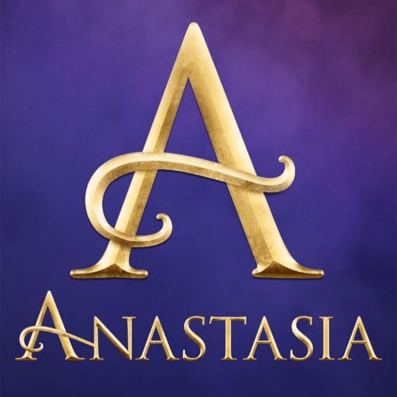 A large, ornate gold letter "A" and the word "ANASTASIA" are centered against a deep purple gradient background.