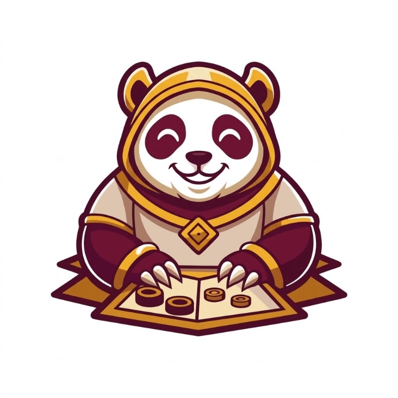 A smiling panda wearing a gold-trimmed hooded robe plays a board game against a plain white background.