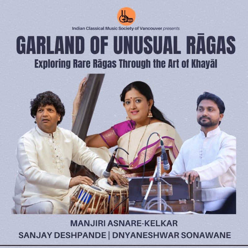 Three musicians in traditional Indian attire are positioned in the foreground against a light purple background featuring event text and a logo.