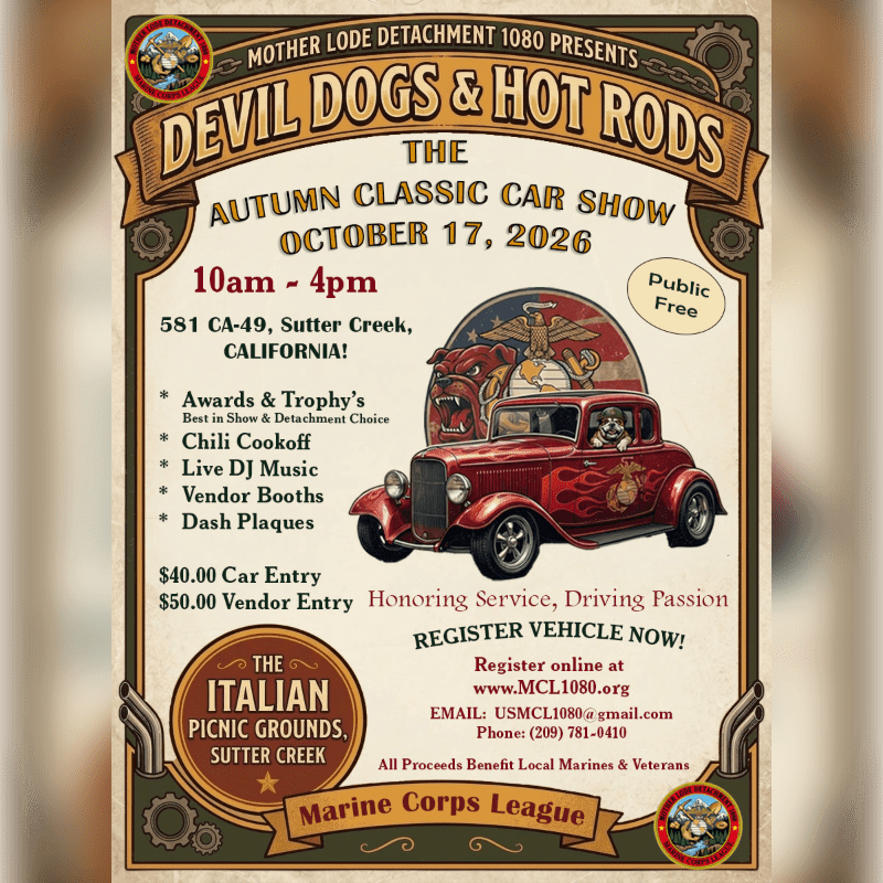 A red vintage hot rod and a fierce bulldog are featured in the foreground of a tan-colored event flyer for a classic car show.