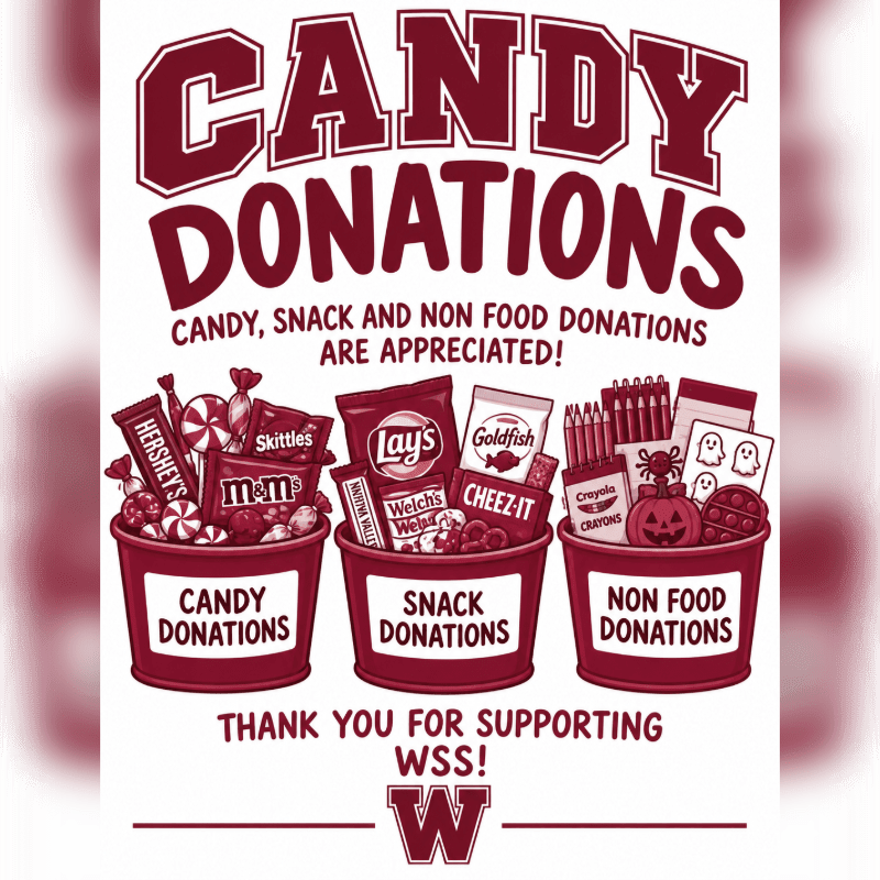 Three red buckets filled with candy, snacks, and non-food items sit against a white background with bold maroon text announcing candy donations.