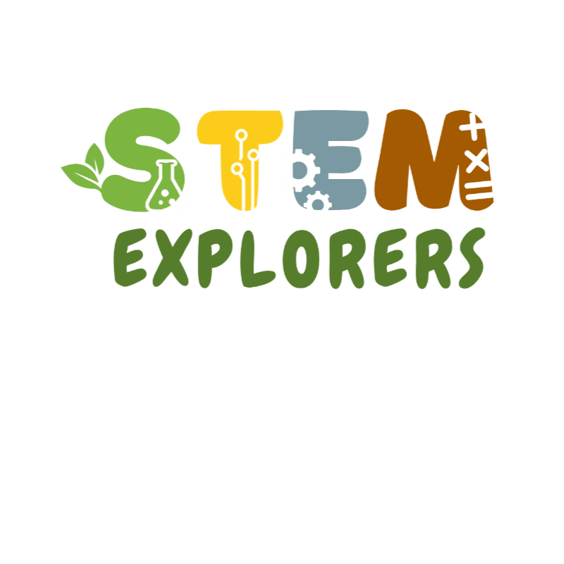 Colorful "STEM EXPLORERS" text with science-themed icons is centered against a plain white background.