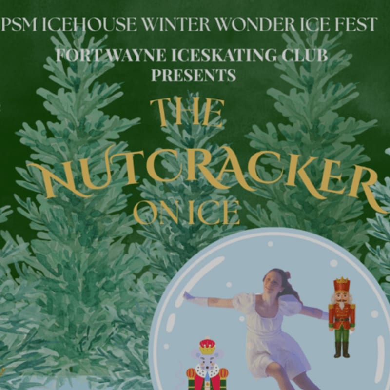A female ice skater and a nutcracker figure appear inside a snow globe in the foreground, set against a background of green pine trees and event text.