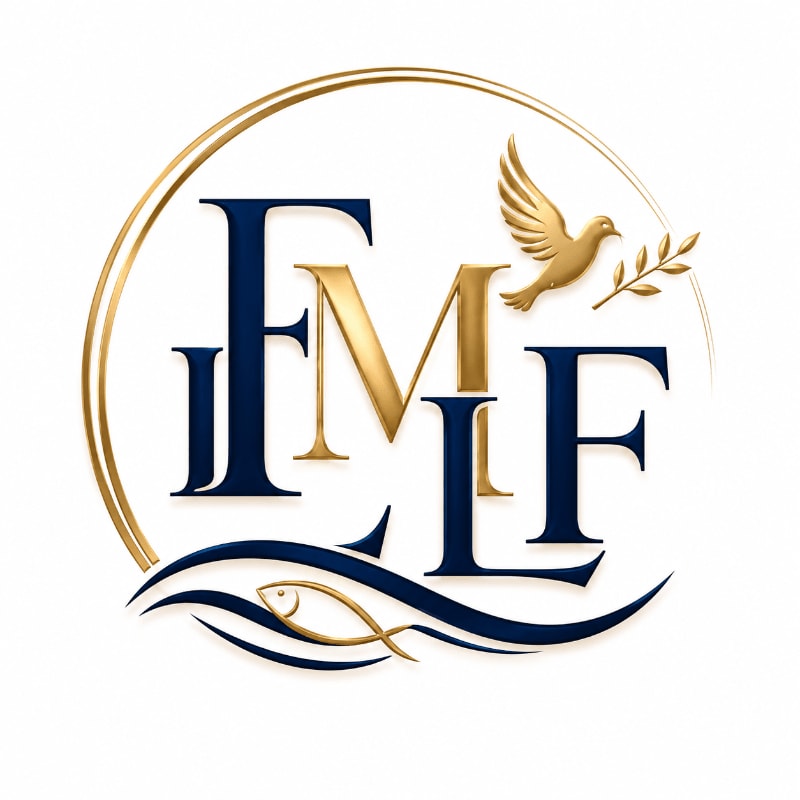 A gold circular frame contains the blue and gold letters "FML" with a gold dove and a blue fish on a plain white background.