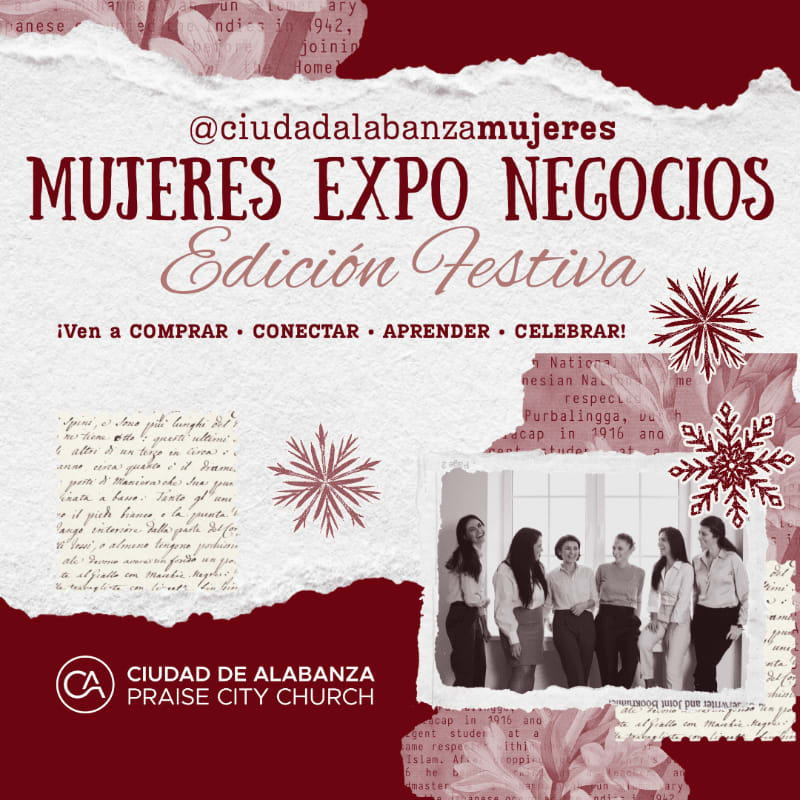 Red and white promotional text for "Mujeres Expo Negocios Edición Festiva" is layered over a background of torn vintage newspaper clippings and a photo of five women.
