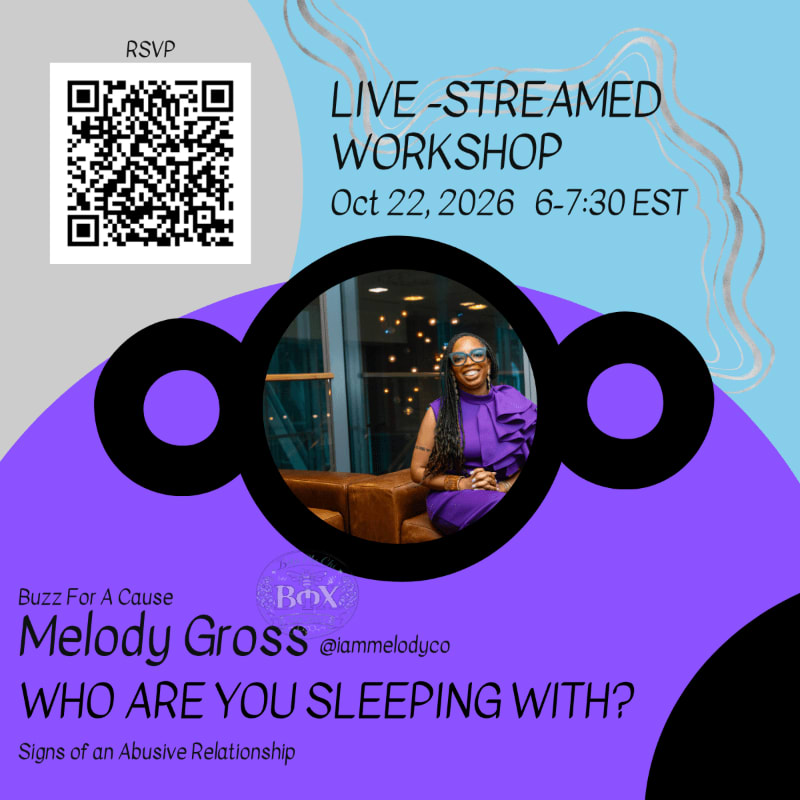 A woman in a purple dress is centered within a circular frame, set against a purple and blue background featuring a QR code and event details for a live-streamed workshop.