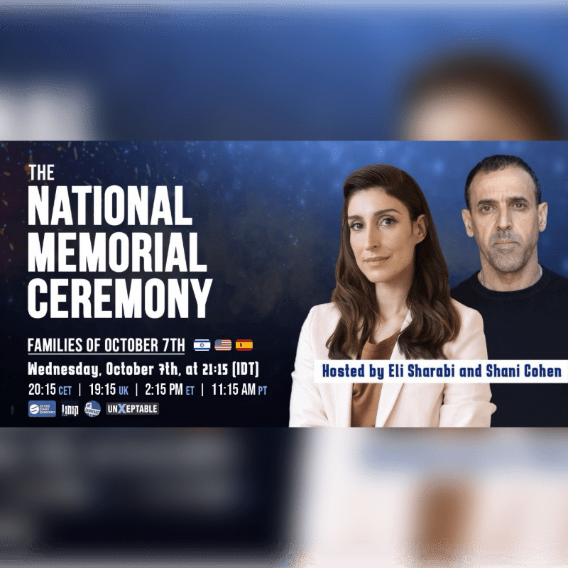 A woman and a man stand in the foreground next to text announcing a national memorial ceremony against a dark blue, starry background.