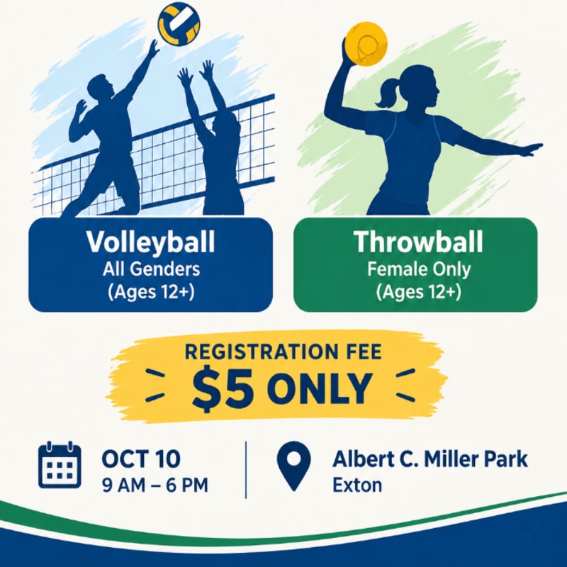 A promotional flyer for volleyball and throwball events features blue and green silhouettes of athletes in the foreground against a light blue and white background.