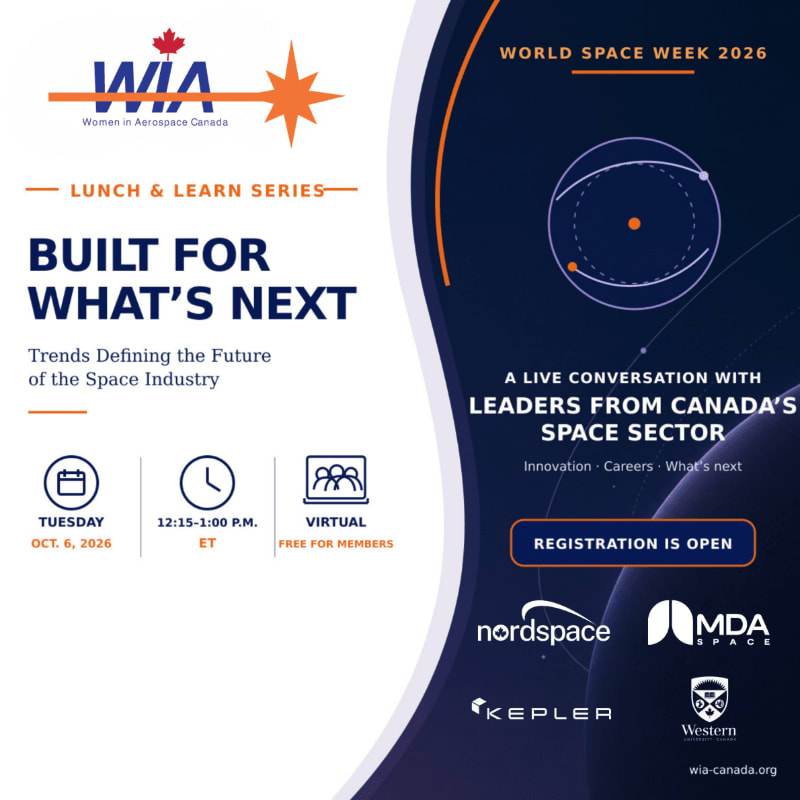 A promotional flyer for a "Built for What's Next" virtual event features event details and logos on a white foreground, set against a dark blue space-themed background.