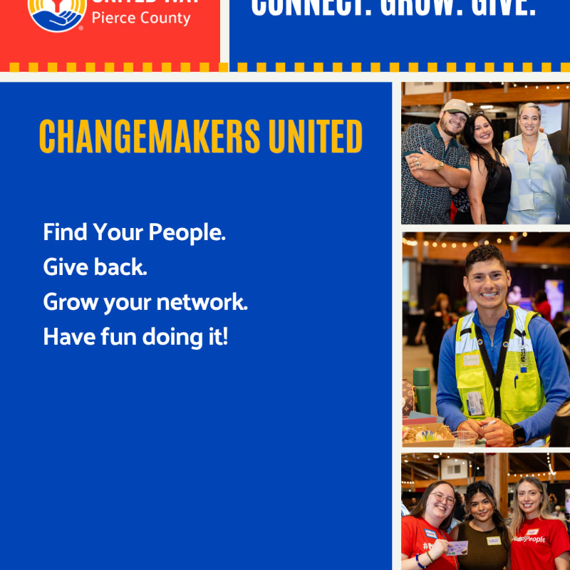 A blue text box with the heading "CHANGEMAKERS UNITED" and a list of goals sits in the foreground, while a column of three photos featuring smiling people is positioned in the background.
