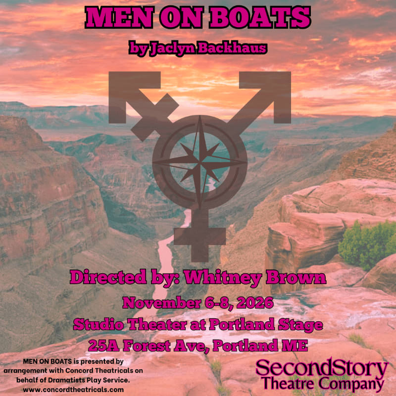 A promotional poster for the play "Men on Boats" features a large gender symbol combined with a compass overlaying a scenic view of the Grand Canyon at sunset.