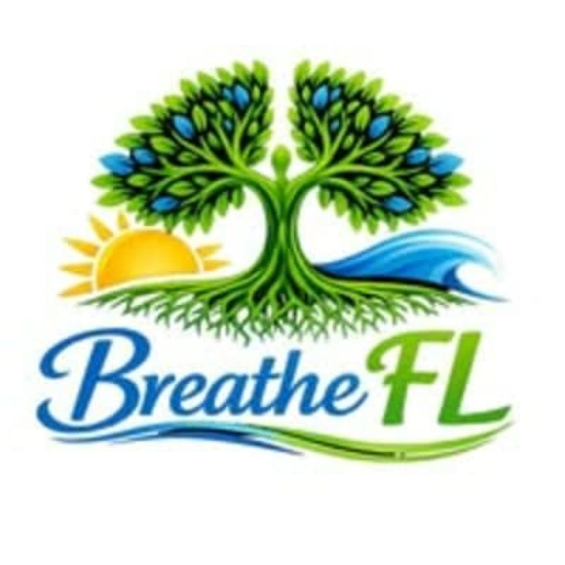 A stylized tree with blue leaves and prominent roots stands in the foreground, with a rising sun and ocean waves in the background, all beneath the text "Breathe FL".