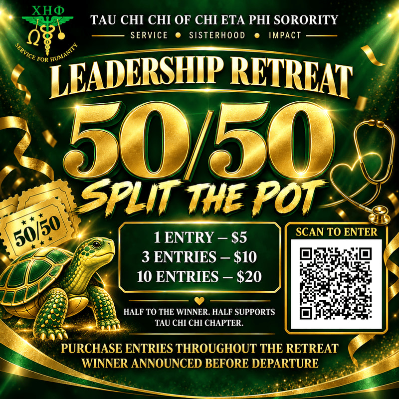 A golden "50/50 Split the Pot" announcement for a leadership retreat features a small turtle and raffle tickets in the foreground against a shimmering green and gold background with a QR code.