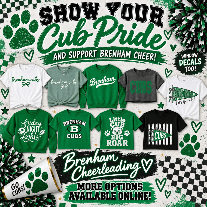 Various green, white, black, and grey spirit wear shirts are displayed in the foreground against a background of checkered patterns, pom-poms, and promotional text for Brenham Cheer.
