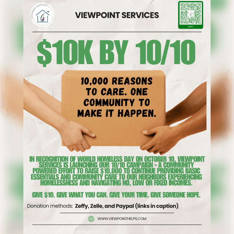 Two hands hold a cardboard box with a motivational message in the foreground, set against a white crumpled paper background with green text and organizational branding.