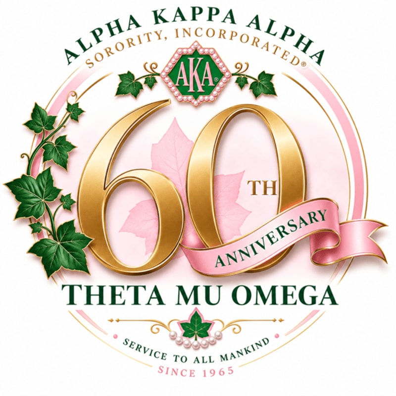Large golden "60th Anniversary" text and a pink ribbon sit in the foreground against a white circular background featuring ivy leaves, the AKA logo, and the words "Alpha Kappa Alpha" and "Theta Mu Omega."