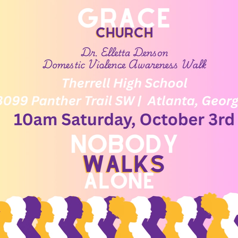 Text announcing a Domestic Violence Awareness Walk is set against a pink and yellow gradient background with a row of colorful female silhouettes in the foreground.