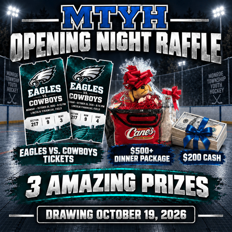 Raffle prizes including football tickets, a dinner package, and cash sit in the foreground against a dark, lit hockey rink background.