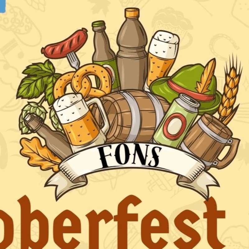 An assortment of beer, pretzels, sausages, and traditional hats sits atop a banner reading "FONS" against a light yellow patterned background.