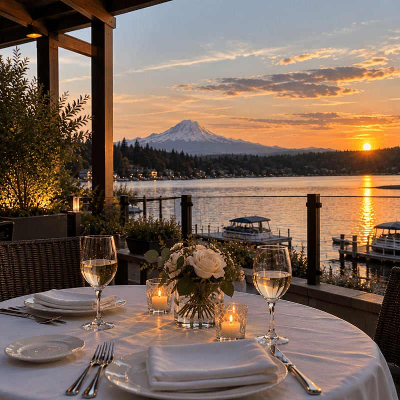 A romantic dinner table set for two sits on a patio overlooking a calm lake and a snow-capped mountain under a golden sunset sky.