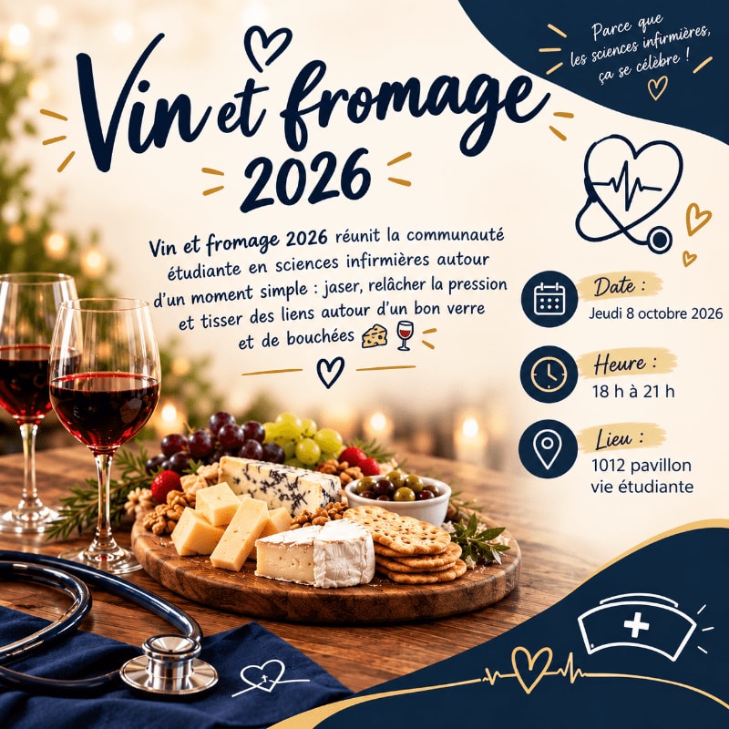 A platter of cheese, fruit, and crackers with glasses of red wine and a stethoscope in the foreground, set against a blurred background of warm lights and event text.