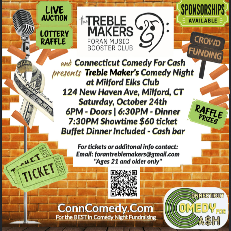 An event flyer for a comedy night is centered against a red brick wall background, surrounded by a vintage microphone, money, and various promotional tags.