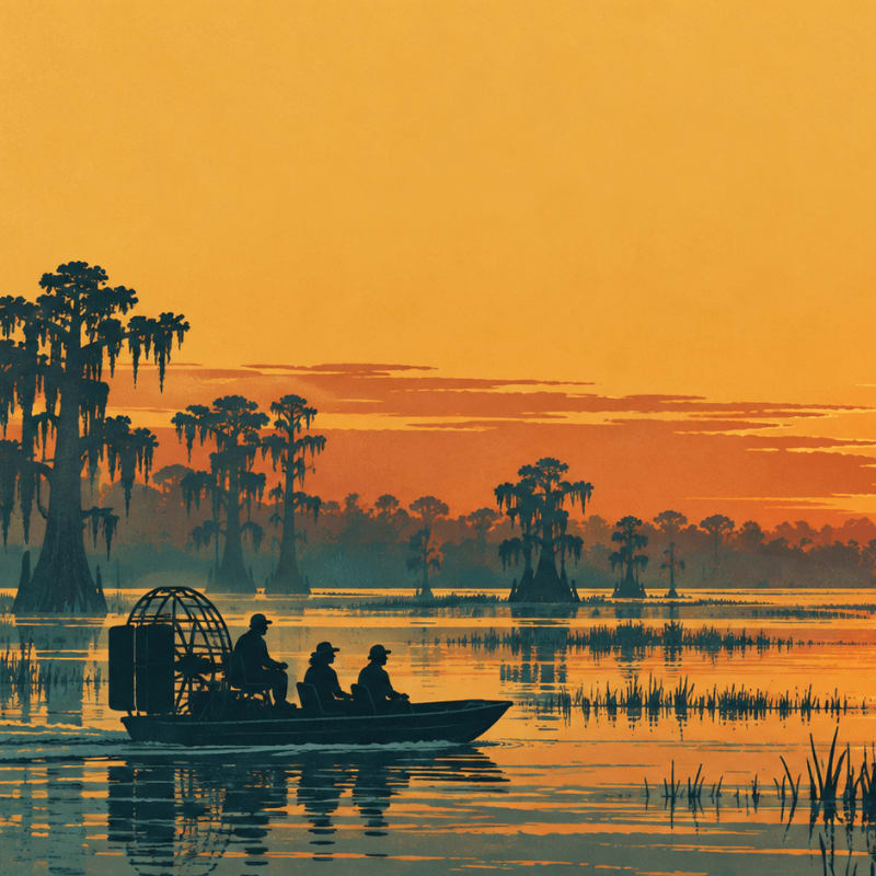 Three people ride in a small boat across a calm swamp under a vibrant orange sunset sky filled with silhouetted cypress trees.