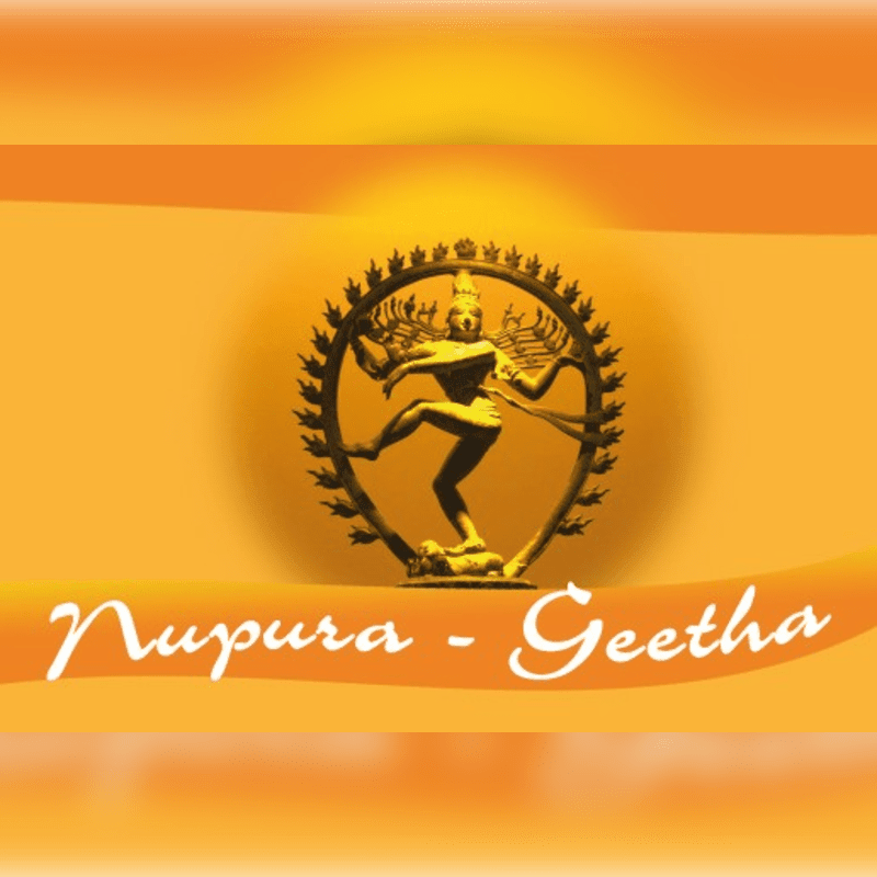 A golden statue of Nataraja is centered against a glowing orange background with the text "Nupura - Geetha" written in white script across the foreground.
