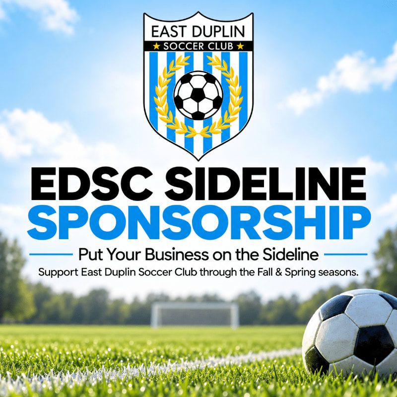 A soccer ball sits on a grassy field in the foreground, while a sponsorship advertisement for the East Duplin Soccer Club is overlaid against a bright blue sky.