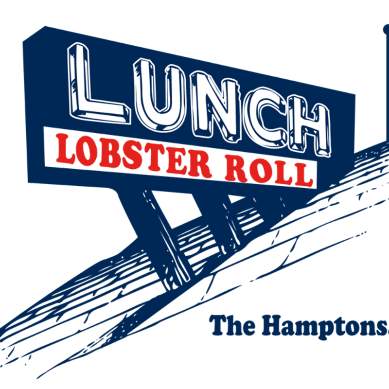 A blue and red "LUNCH LOBSTER ROLL" sign stands in the foreground against a white background with a stylized roof and the text "The Hamptons" below.