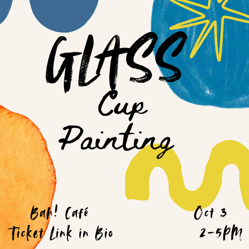 Black text announcing a "Glass Cup Painting" event is centered over a white background decorated with colorful abstract blue, orange, and yellow shapes.