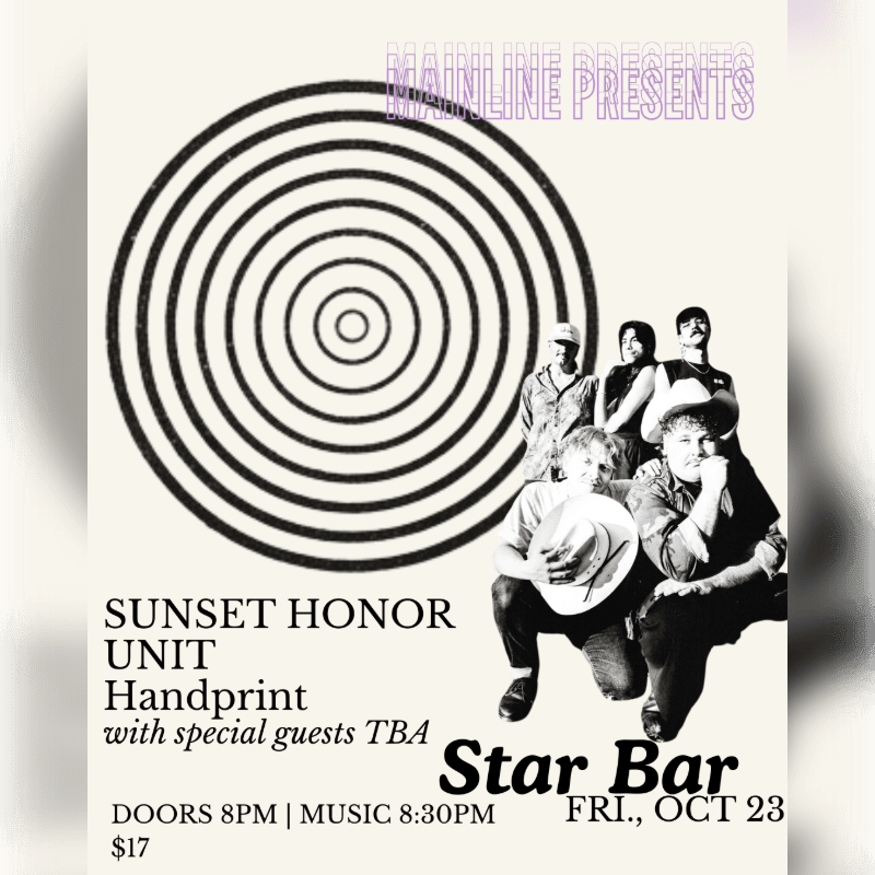 A black and white concert poster features a group of musicians and a large concentric circle graphic in the foreground against a plain light background.