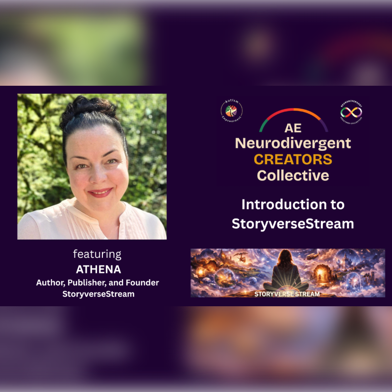 A portrait of Athena is positioned on the left against a dark purple background featuring text for the AE Neurodivergent Creators Collective and a colorful fantasy landscape image.