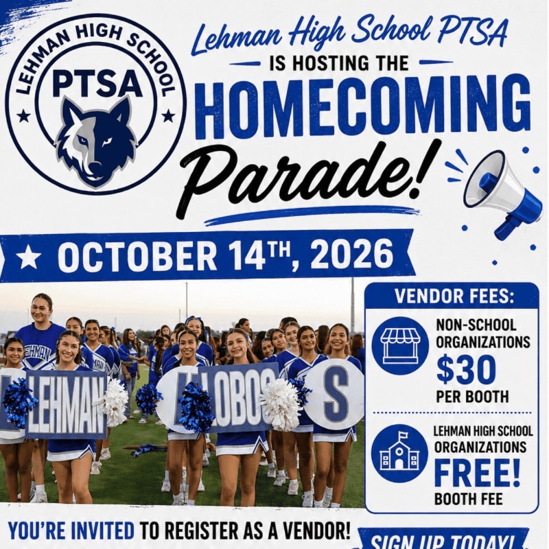 A promotional flyer for the Lehman High School Homecoming Parade features a group of cheerleaders holding signs in the foreground and event details with a school logo and megaphone in the background.