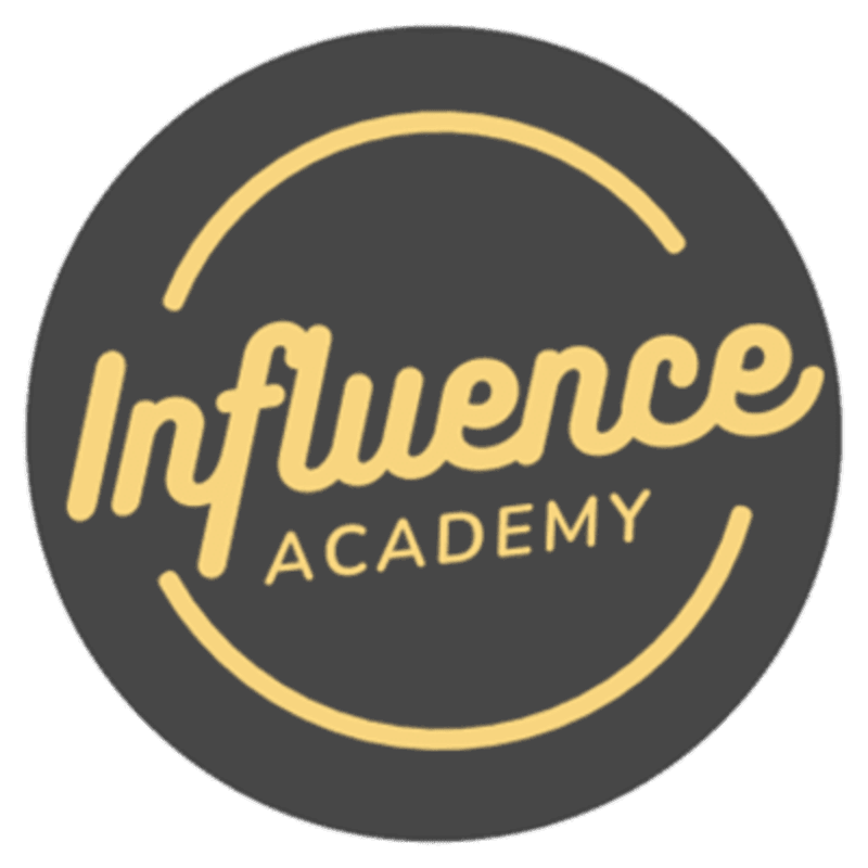 A dark gray circle with a yellow outline encloses the words "Influence" in a flowing script and "ACADEMY" in block letters, both in yellow.