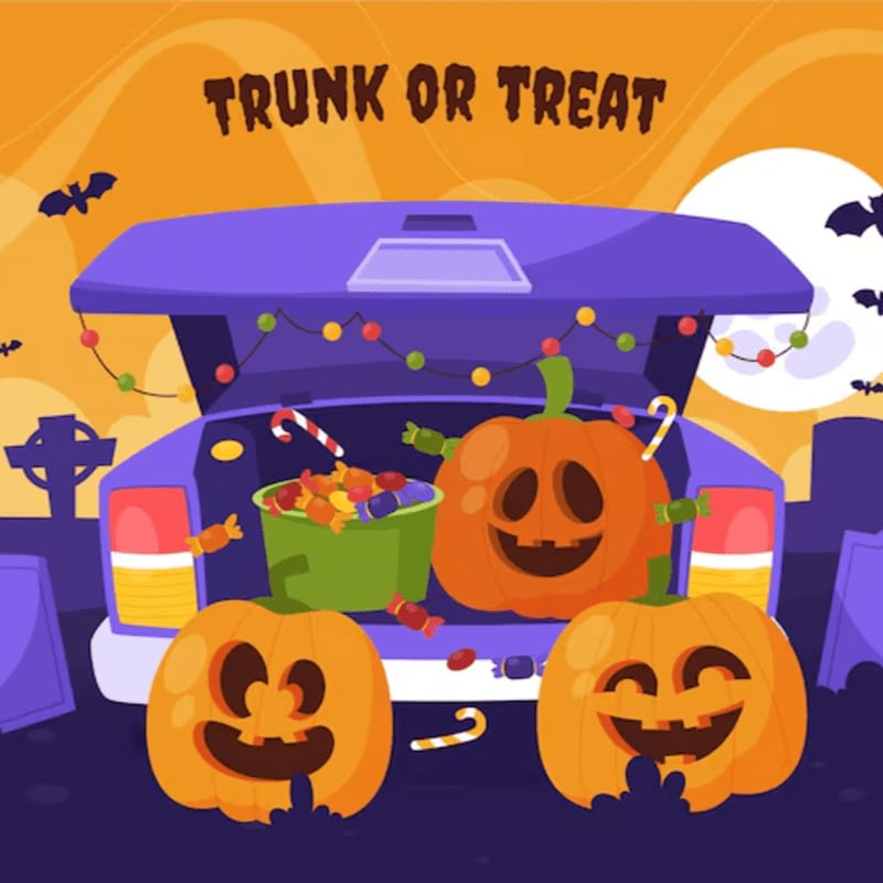 Three carved jack-o'-lanterns and a bucket of candy sit in the open trunk of a purple car against a spooky orange graveyard backdrop.