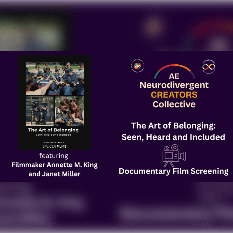 A promotional flyer for a documentary screening of "The Art of Belonging" is set against a blurred purple background.