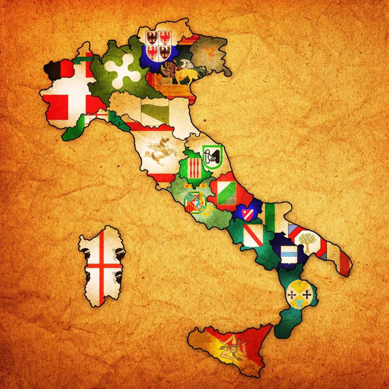A map of Italy filled with various regional flags and coats of arms is set against a textured, parchment-like brown background.