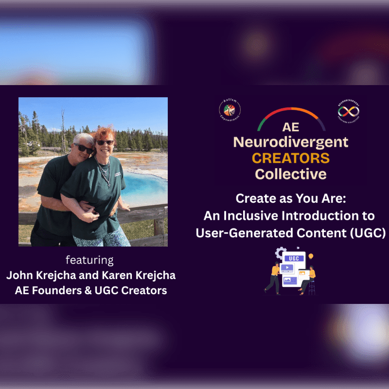 A photo of John and Karen Krejcha stands against a dark purple background featuring text for the AE Neurodivergent Creators Collective.
