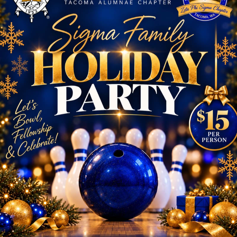 A blue bowling ball and white pins sit amidst gold ornaments and greenery in the foreground, set against a deep blue background with gold holiday text.