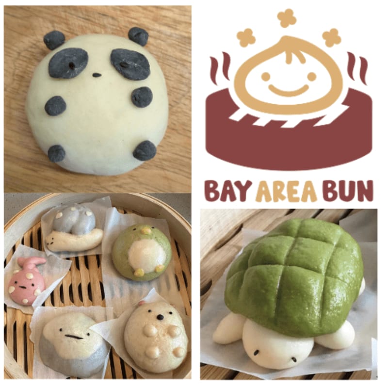 A collage features various animal-shaped steamed buns, including a panda, turtle, and snail, alongside the "Bay Area Bun" logo.