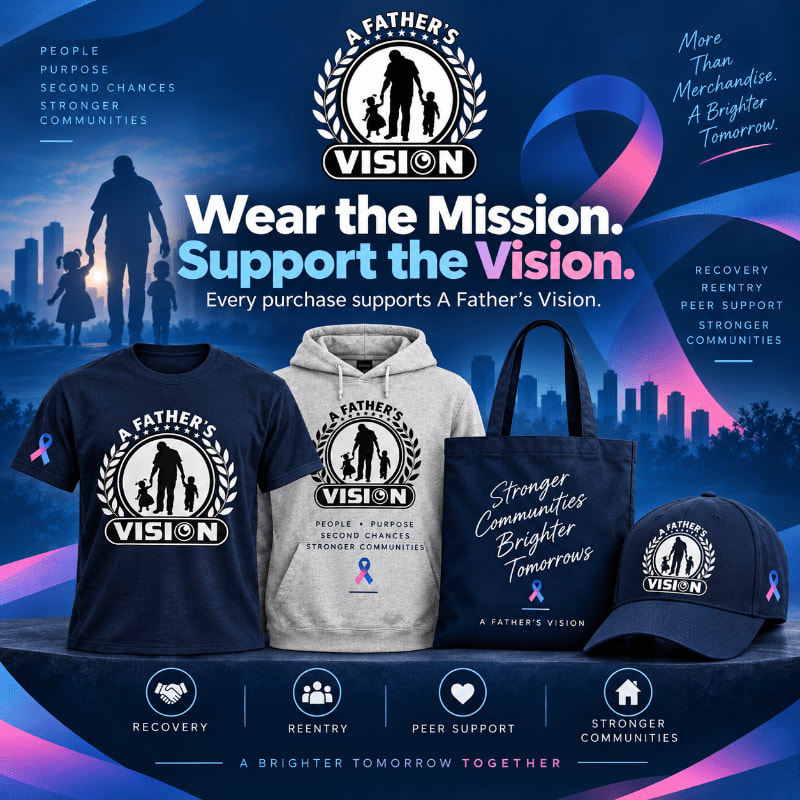 Merchandise including a t-shirt, hoodie, tote bag, and cap are displayed in the foreground against a background featuring a silhouette of a father and children and a city skyline.