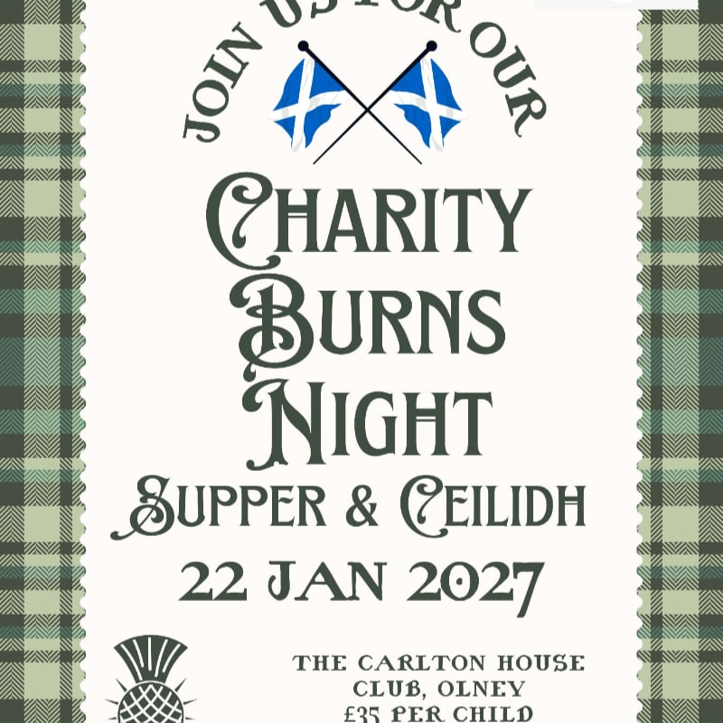 Text announcing a Charity Burns Night event is centered on a white background, framed by green tartan borders on the left and right.